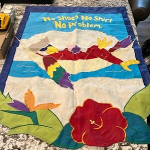 Large porch flag no shoe no shirt no problem blue red green 26x40 parrots
